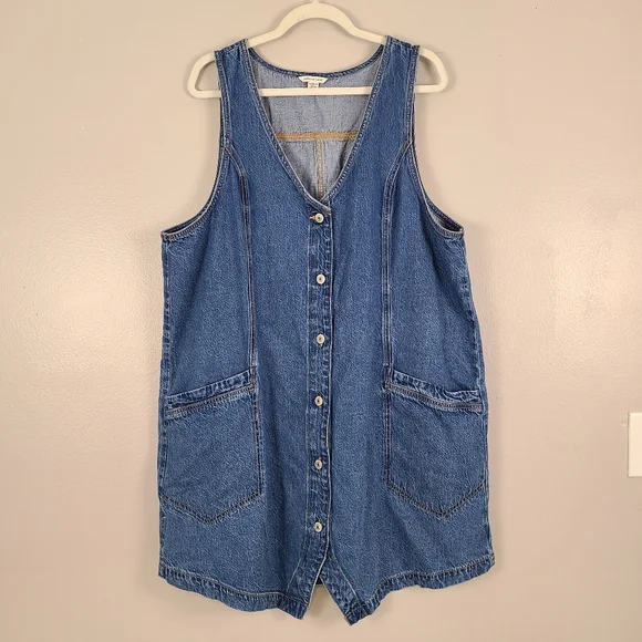 American Eagle Classic Cotton Minimal Blue Denim Tank Button-front Dress Pockets - Picture 1 of 7
